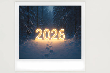 New Year's card 2026 in the polaroid style. Glowing numbers of 2026 against the background of a twilight winter forest. The footprints of Santa Claus lead deep into the forest