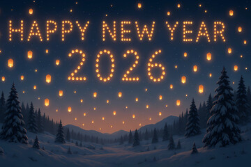 New Year's card 2026. Numbers 2026 made up of bright lights. Against the background of the sky and bright Chinese lanterns