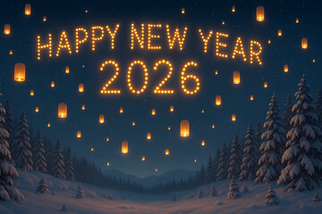 New Year's card 2026. Numbers 2026 made up of bright lights. Against the background of the sky and bright Chinese lanterns