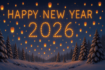 New Year's card 2026. Numbers 2026 made up of bright lights. Against the background of the sky and bright Chinese lanterns