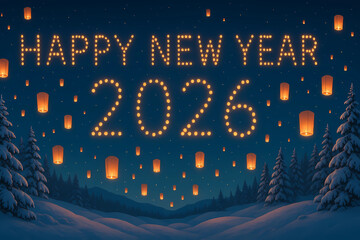 New Year's card 2026. Numbers 2026 made up of bright lights. Against the background of the sky and bright Chinese lanterns