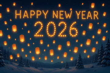 New Year's card 2026. Numbers 2026 made up of bright lights. Against the background of the sky and bright Chinese lanterns