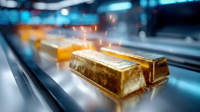 Shiny stacked gold bars arranged in a row under soft industrial lighting in a secure vault