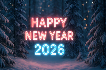 New Year's card for 2026. The non-standard numbers 2026 and the inscription "Happy New Year" against the background of a dark winter forest.