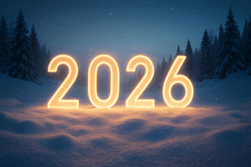 New Year's card 2026. Glowing Numbers 2026 in the snow, on a dark background.