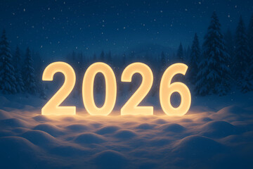 New Year's card 2026. Glowing Numbers 2026 in the snow, on a dark background.