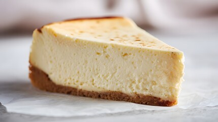 Single slice of baked dessert with creamy filling rests upon white paper