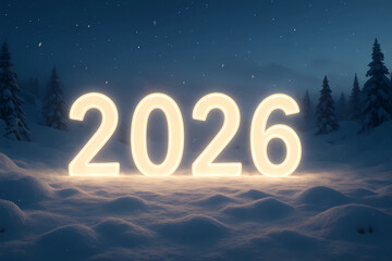 New Year's card 2026. Glowing Numbers 2026 in the snow, on a dark background.