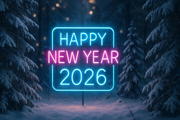 New Year's card for 2026. The non-standard numbers 2026 and the inscription "Happy New Year" against the background of a dark winter forest.