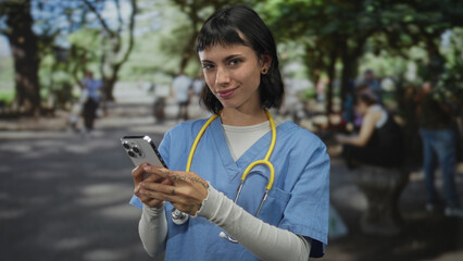 Woman nurse with stethoscope and smartphone gives thumbs up gesture on a green forest path; approval.