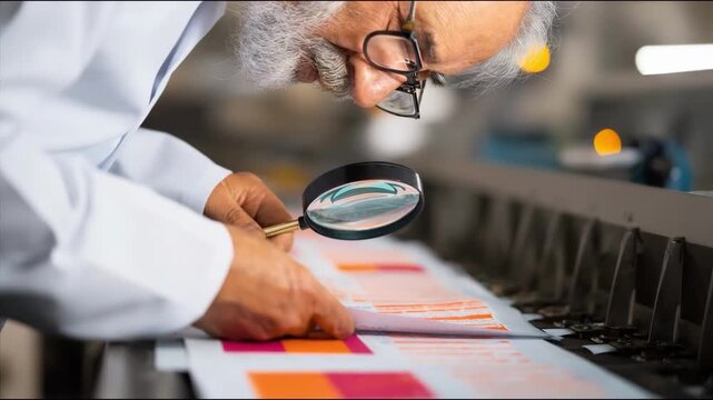 Medium shot showing a technician using a magnifying lens to carefully inspect printed proofs for errors during prepress quality assurance.