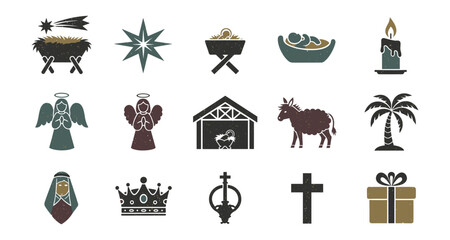 Rustic nativity and christmas icons set with religious and festive symbols in vintage style