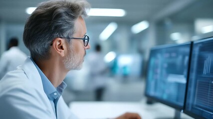 Medical professional analyzing data defocused modern research, faceless focused work, digital screens visualization detail, blurred facility background, medical concept, analysis i - Powered by Adobe