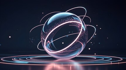 Futuristic Sphere with Glowing Rings and Particles Abstract Technology Concept with Dark Background Shiny Orb with Neon Trails Innovation and Connection