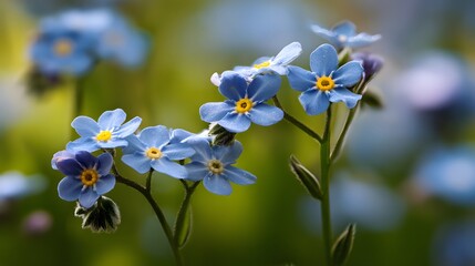 Delicate bright blue blossoms cluster closely on slender green stems against a soft, out-of-focus background