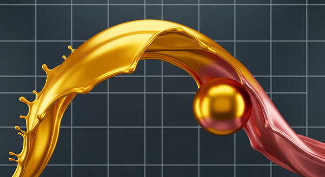 Golden fluid arches with a metallic sphere, contrasting colors. Represents modern art, elegance, and dynamics, suitable for design concepts