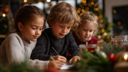 Festive creativity idea with youngsters defocused holiday background seasonal activity concept family craft scene celebration project visualization with copy space