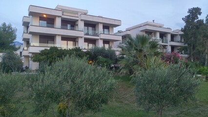 Pine trees, palm trees, olive trees and flowering shrubs grow on the grassy lawn near living houses with balconies. A clear autumn evening. The lanterns came on at dusk