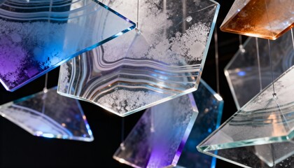 Closeup on customized translucent glass elements with complex textures used in avantgarde art installations