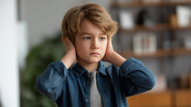 Young youngster in room corner feels scared and alone covering ears faceless boy defocused background issues include isolation awareness trauma affecting development emotional - Powered by Adobe