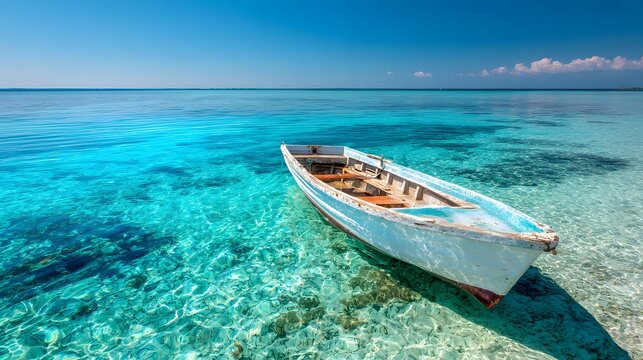 Old wooden skiff rests gently upon exceptionally clear tropical ocean waters under a bright blue sky