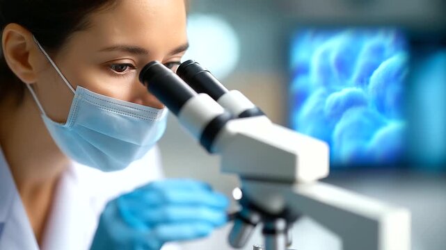 Personalized medical technology scientist examining defocused cell samples, faceless microscope work, laboratory visualization detail, blurred research background, innovation conce
