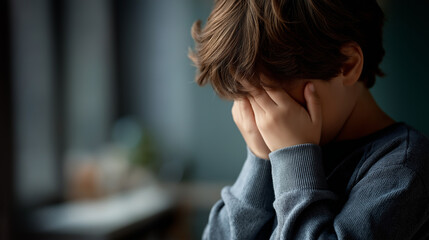 Young youngster in room corner feels scared and alone covering ears faceless boy defocused background issues include isolation awareness trauma affecting development emotional