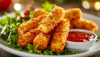 Fototapeta premium Crispy fried cheese sticks with marinara dipping sauce and fresh greens, appetizing meal, tasty food