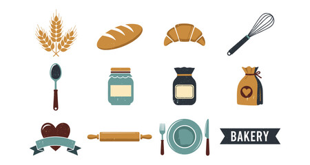 Vintage bakery icons collection: retro bread, tools, and ingredients