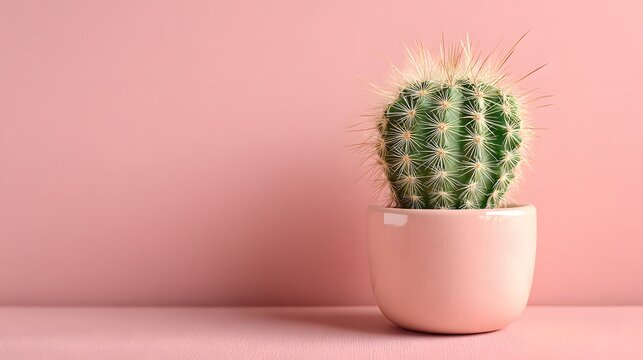 Small spiky succulent plant displayed in a minimalist pink container against a soft rosy background