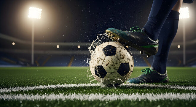 Powerful soccer kick on the field at night with stadium lights