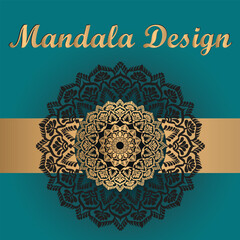 Elegant Mandala Design With Gold Pattern Centered On Teal And Gold Striped Background Decorative Layout