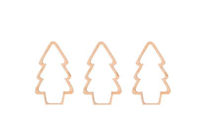 Set of three hollow Christmas tree shapes with wooden outlines on a transparent background. The trees have no interior fill, creating clean, minimal cutout-style elements for holiday design projects.
