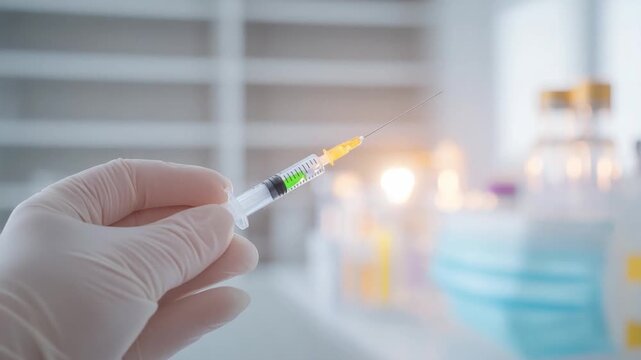 Vaccination research: A close-up shot of gloved hands holding a syringe filled with a green liquid, capturing the essence of medical innovation and the promise of protection. 