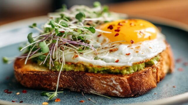 Delicious toast topped with smashed avocado, fried egg, and microgreens sprinkled with chili flakes for a tasty breakfast or brunch experience