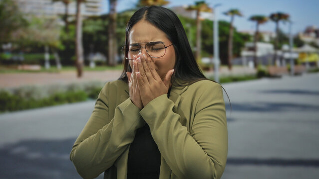 Woman presses hands to her face during sneezing on a street, where a young latin hispanic passerby outdoors attempts cover in a public scene. - Powered by Adobe