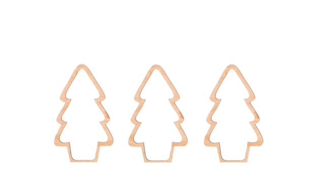 Set of three hollow Christmas tree shapes with wooden outlines on a transparent background. The trees have no interior fill, creating clean, minimal cutout-style elements for holiday design projects.
