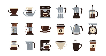 Coffee maker collection: assorted brewing methods in flat style