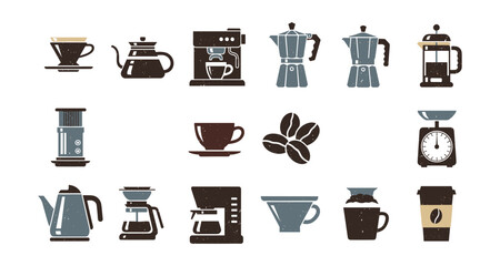Retro coffee equipment icons: espresso, moka, and more in vintage style