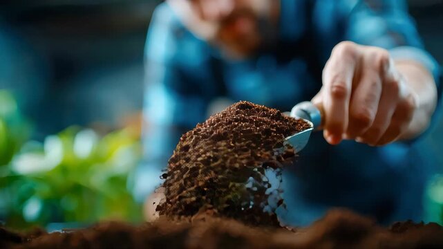 A gardener holding a trowel filled with rich dark soil, ready for planting and cultivation