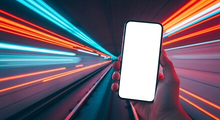 A hand holds a smartphone with a blank white screen against a background of blurred colorful light streaks
