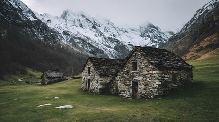 Rustic stone dwellings sit in a green valley beneath towering snow-capped mountains