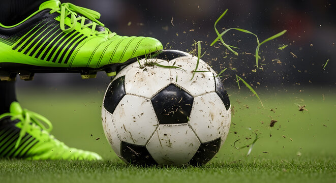 Close up of soccer player kicking ball with green cleats on grass field - Powered by Adobe