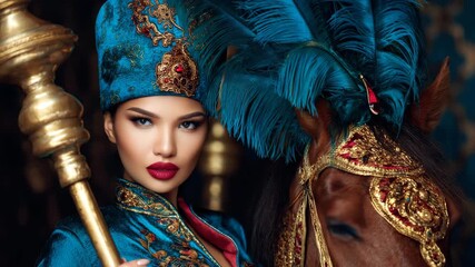 Beautiful woman in traditional attire poses with a majestic horse in a richly decorated setting