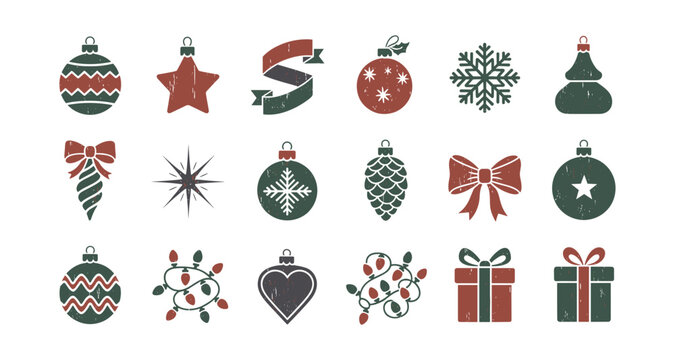 Collection of rustic christmas icons: ornaments, gifts, and snowflakes in retro style