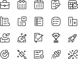Business planning icons, project management, task checklist, startup launch, productivity tools, strategy elements, calendar, goal setting, minimal design