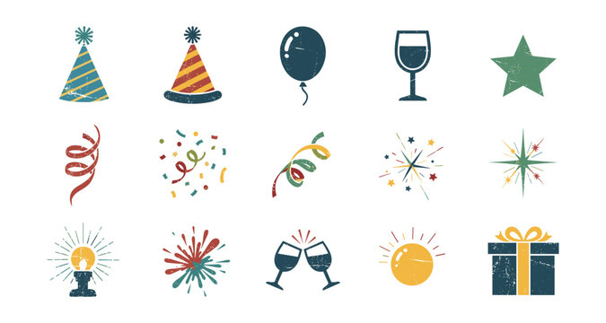 Festive party icons with celebration elements for holiday design - Powered by Adobe