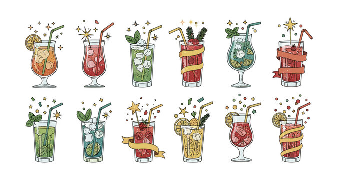 Creative cocktail glasses with fresh ingredients and festive garnishes - Powered by Adobe