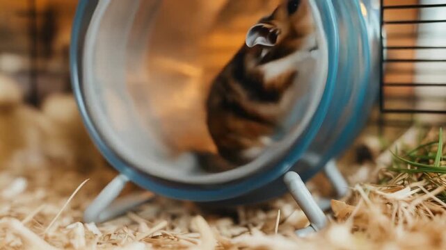 Tiny siberian hamster running in wheel inside cozy wooden cage
