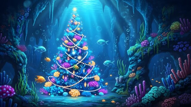 Magical Underwater Christmas Tree Scene with Bioluminescent Deep Sea Decor Christmas